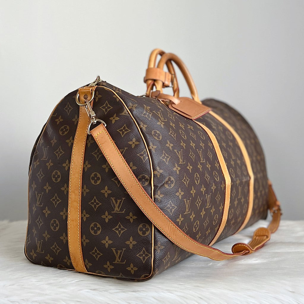 Louis Vuitton Signature Monogram Bandouliere Keepall 60 Travel Bag Full Set