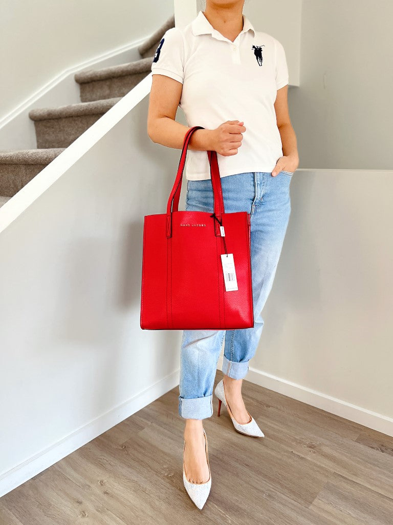 Marc Jacobs Red Leather Front Logo Triple Compartment Shoulder Bag New with Tags