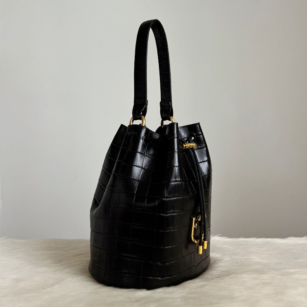 Furla Black Crocodile Print Leather Drawstring Bucket 2 Way Shoulder Bag + Pouch Like New