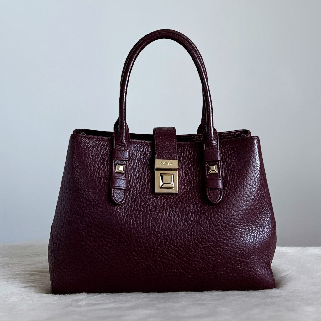 Furla Plum Leather Front Buc0kle Triple Compartment Tote Bag Like New