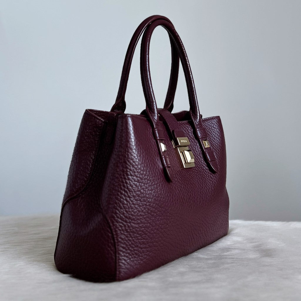 Furla Plum Leather Front Buc0kle Triple Compartment Tote Bag Like New