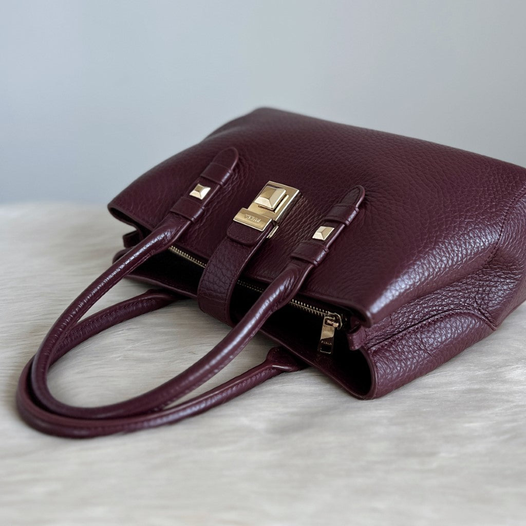 Furla Plum Leather Front Buc0kle Triple Compartment Tote Bag Like New