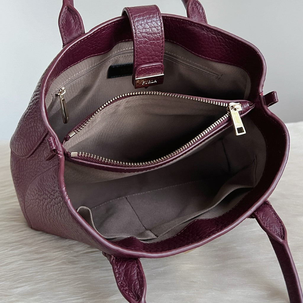 Furla Plum Leather Front Buc0kle Triple Compartment Tote Bag Like New