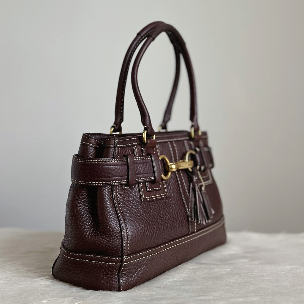 Coach Dark Chocolate Leather Front Buckle Tassel Charm Shoulder Bag