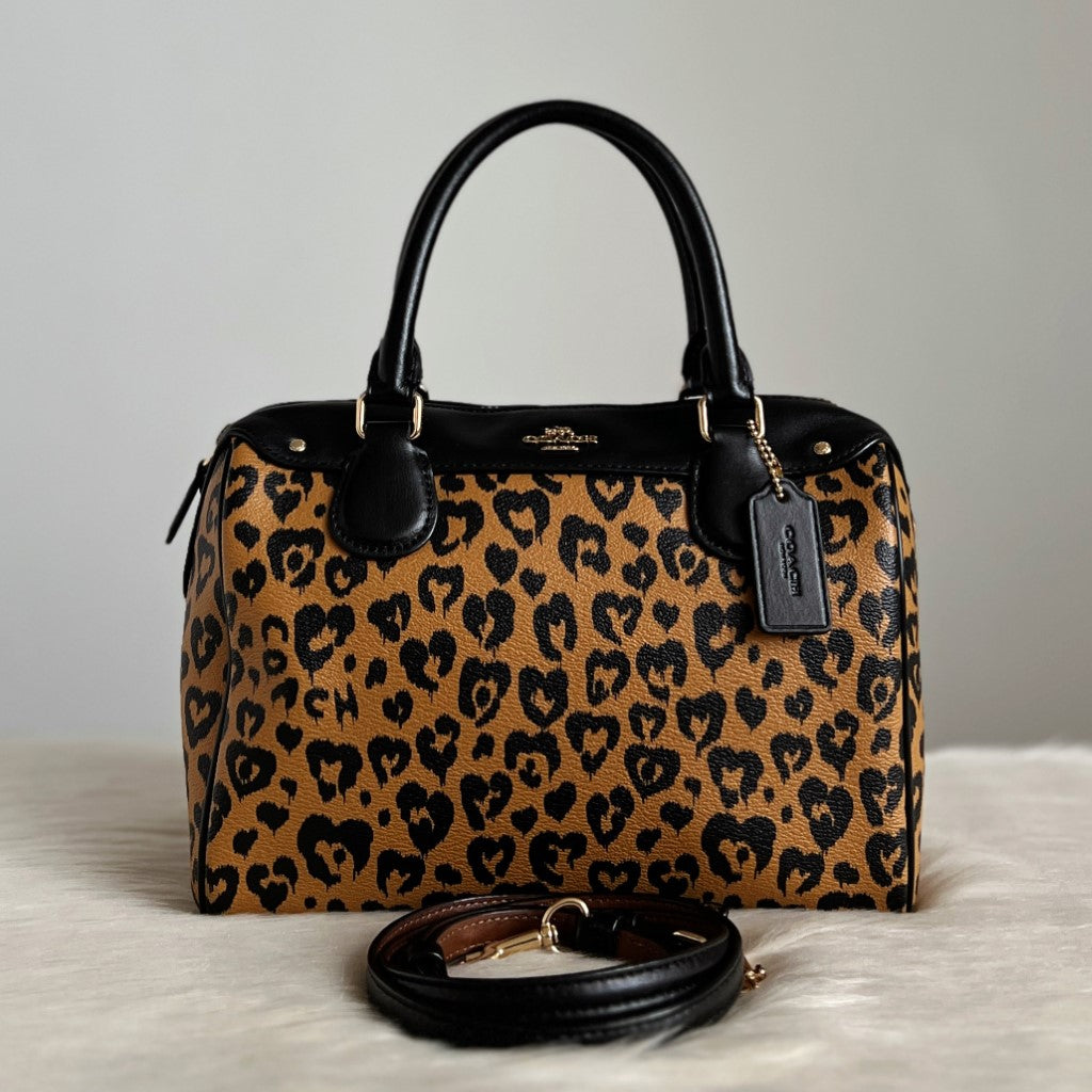 Coach Black Leather Leopard Print Boston 2 Way Shoulder Bag