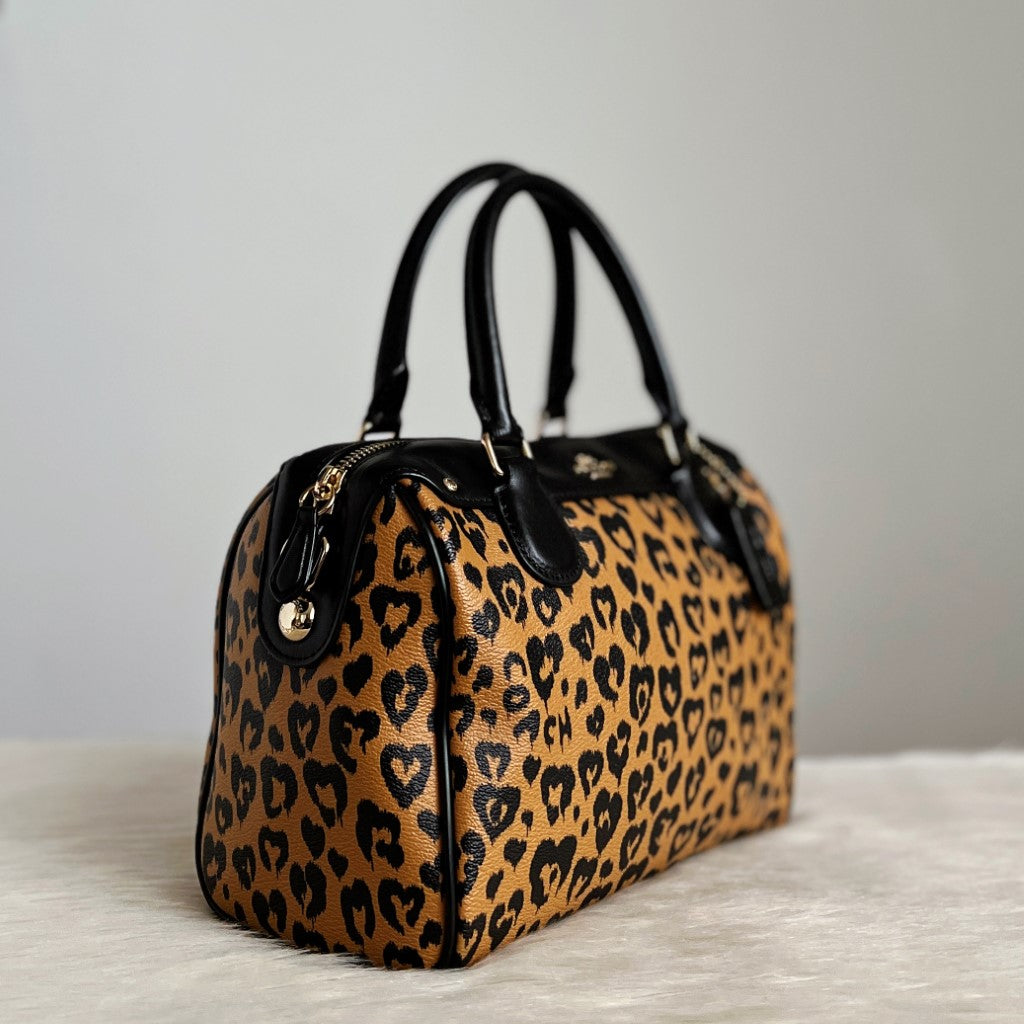 Coach Black Leather Leopard Print Boston 2 Way Shoulder Bag