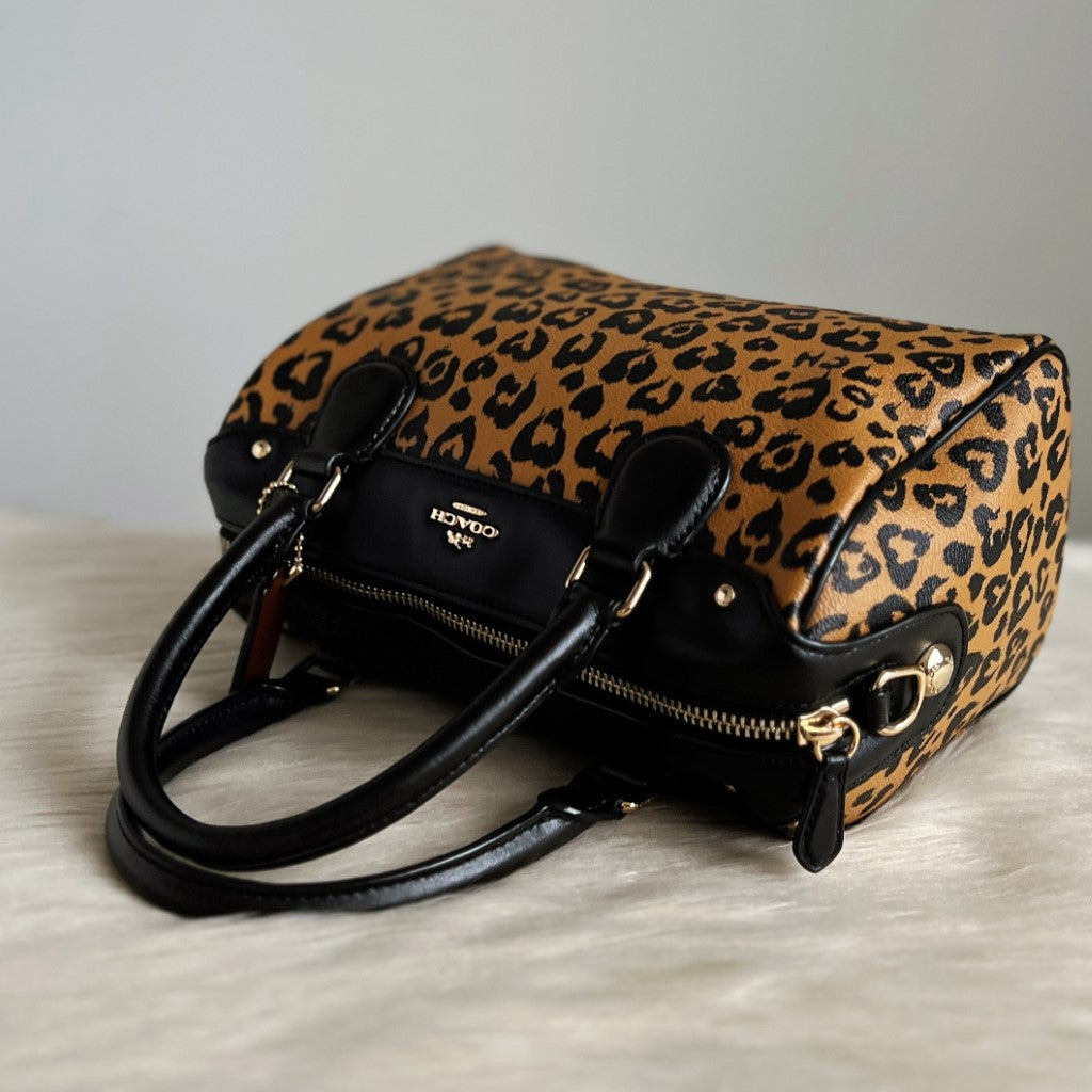 Coach Black Leather Leopard Print Boston 2 Way Shoulder Bag