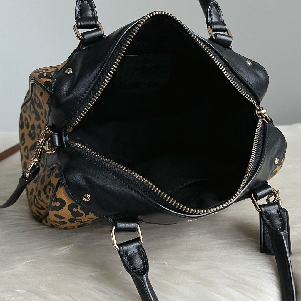 Coach Black Leather Leopard Print Boston 2 Way Shoulder Bag