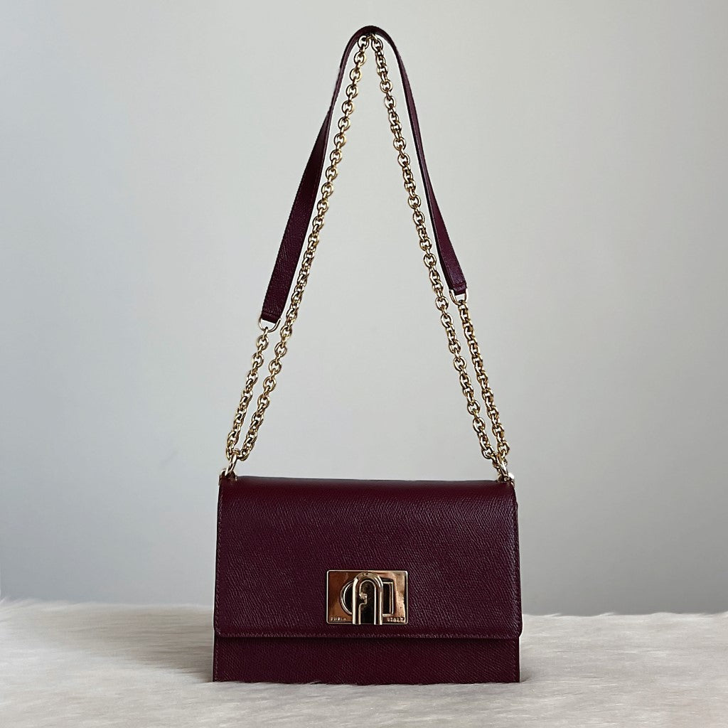 Furla Bordeaux Leather Chain Detail 3 Way Crossbody Shoulder Bag Like New