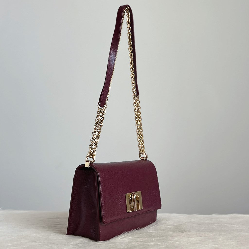 Furla Bordeaux Leather Chain Detail 3 Way Crossbody Shoulder Bag Like New