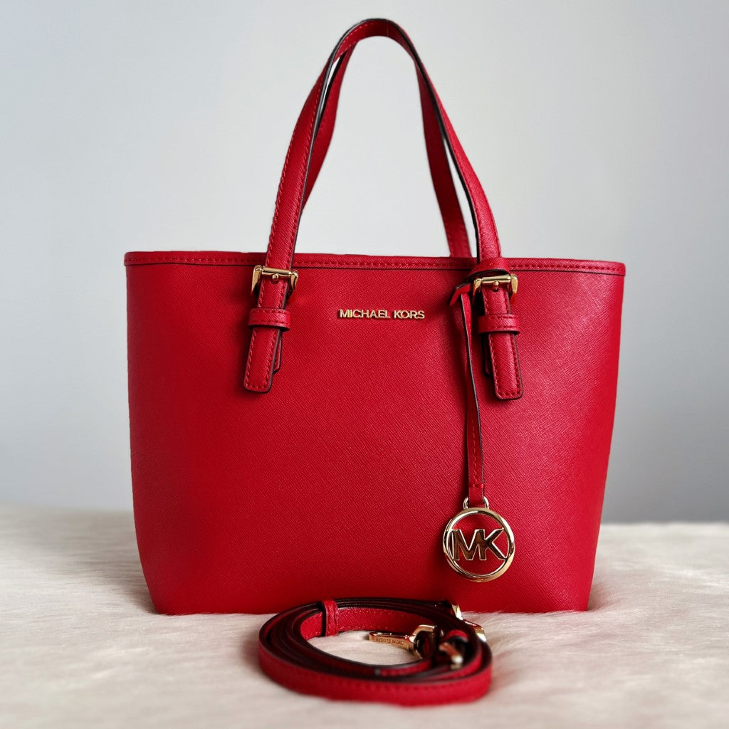 Michael Kors Red Saffiano Leather Front Logo 2 Way Shoulder Bag Like New