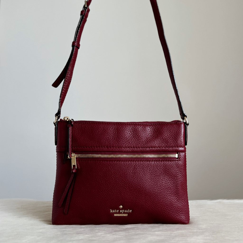 Kate Spade Maroon Leather Front Logo Crossbody Shoulder Bag