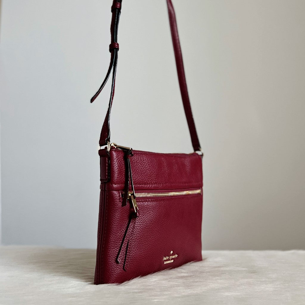 Kate Spade Maroon Leather Front Logo Crossbody Shoulder Bag