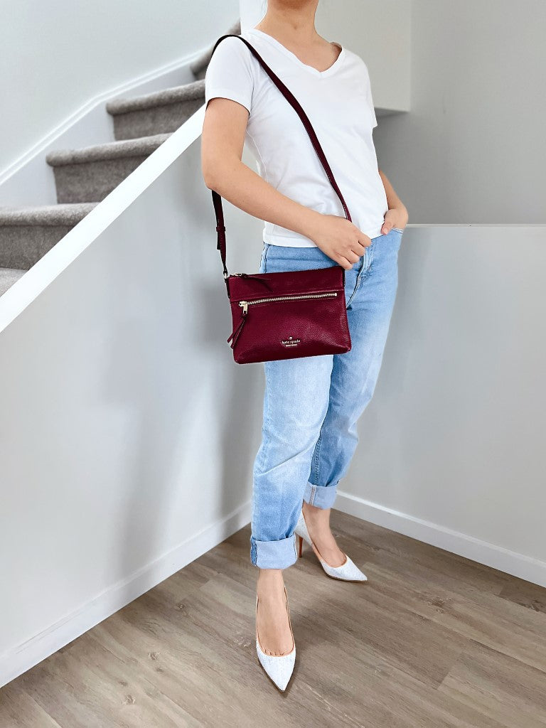 Kate Spade Maroon Leather Front Logo Crossbody Shoulder Bag