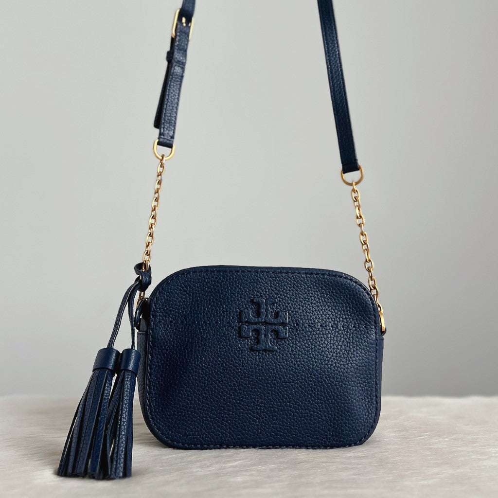 Tory Burch Navy Leather Tassel Charm Chain Detail Crossbody Shoulder Bag Like New