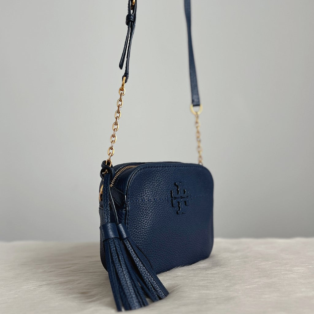 Tory Burch Navy Leather Tassel Charm Chain Detail Crossbody Shoulder Bag Like New