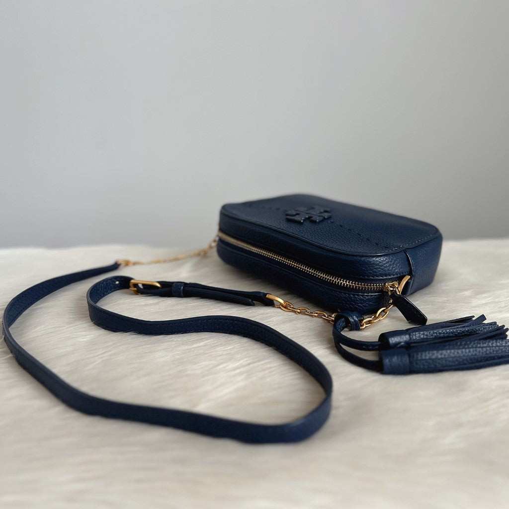 Tory Burch Navy Leather Tassel Charm Chain Detail Crossbody Shoulder Bag Like New