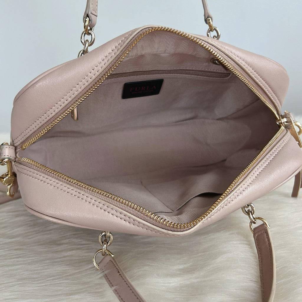 Furla Light Taupe Leather Chained Detail 2 Way Shoulder Bag