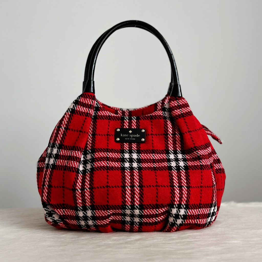 Kate Spade Black Leather Check Pattern Wool Shoulder Bag