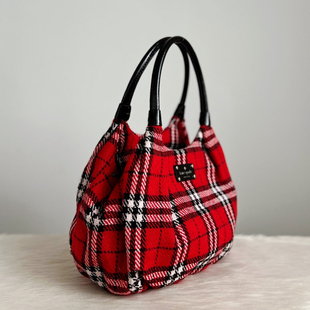 Kate Spade Black Leather Check Pattern Wool Shoulder Bag