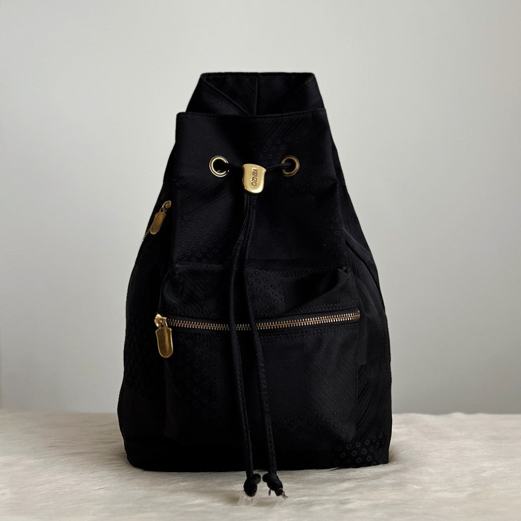 Kenzo Black Canvas Drawstring Zipped Compartment Backpack Excellent