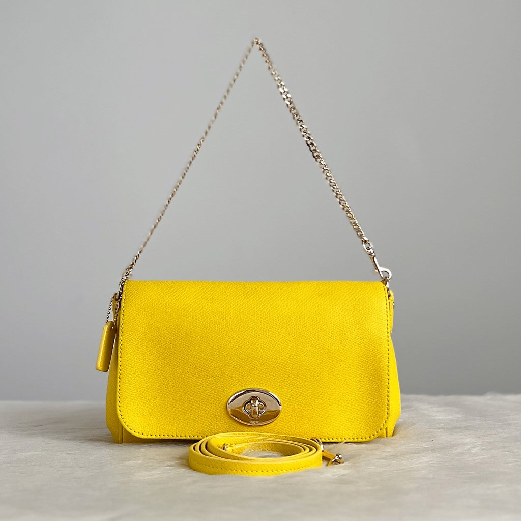 Coach Yellow Leather Turn Lock Chain Detail 2 Way Crossbody Shoulder Bag Like New