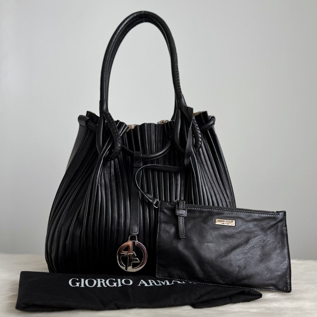 Giorgio Armani Black Leather Drawstring Charm Detail Shoulder Bag + Pouch Excellent