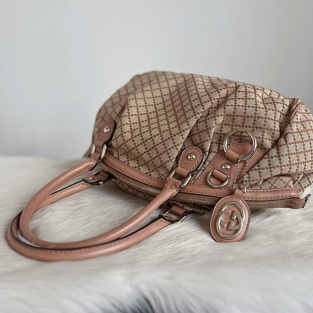 Gucci Signature Double G Rose Leather Trim Shoulder Bag Excellent