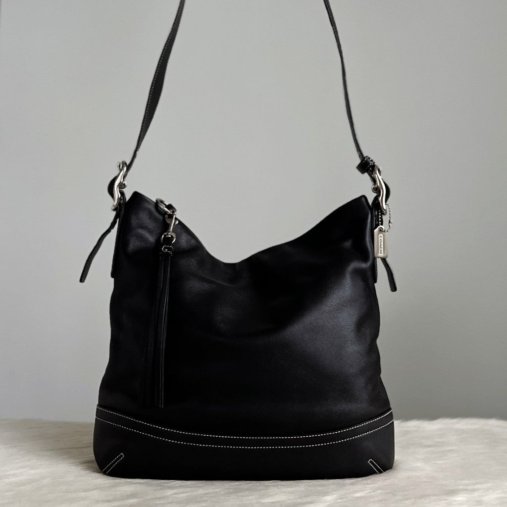 Coach Black Leather Tassel Charm Crossbody Shoulder Bag