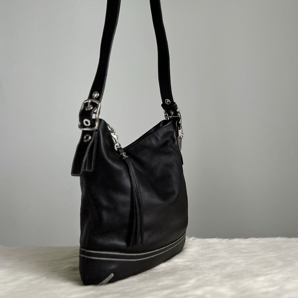 Coach Black Leather Tassel Charm Crossbody Shoulder Bag