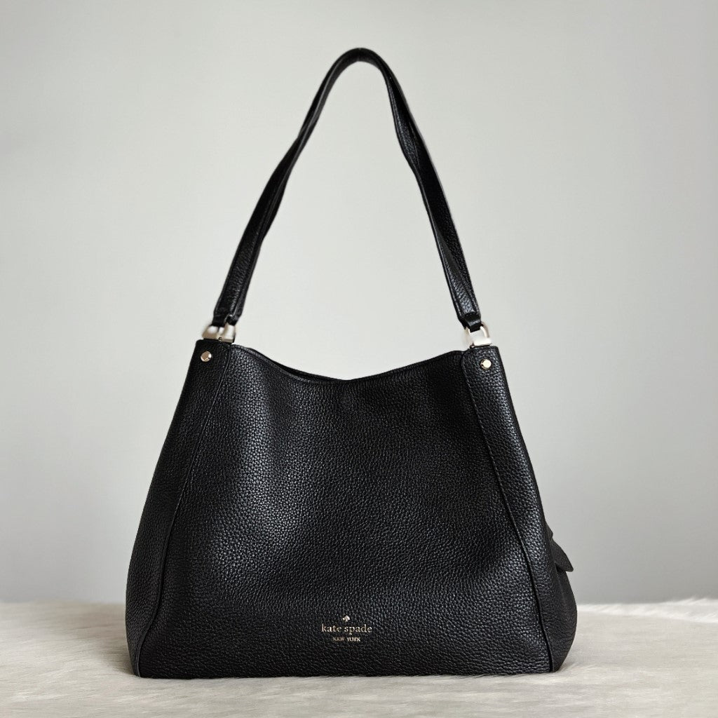 Kate Spade Black Leather Front Logo Triple Compartment Shoulder Bag