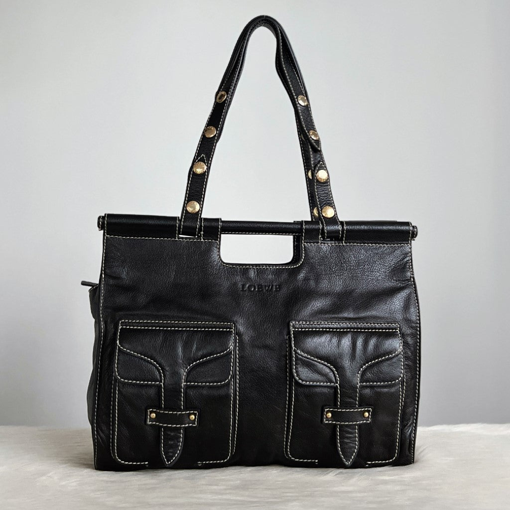 Loewe Black Leather Front Pocket Studded Strap 2 Way Shoulder Bag