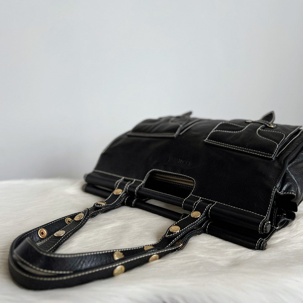 Loewe Black Leather Front Pocket Studded Strap 2 Way Shoulder Bag