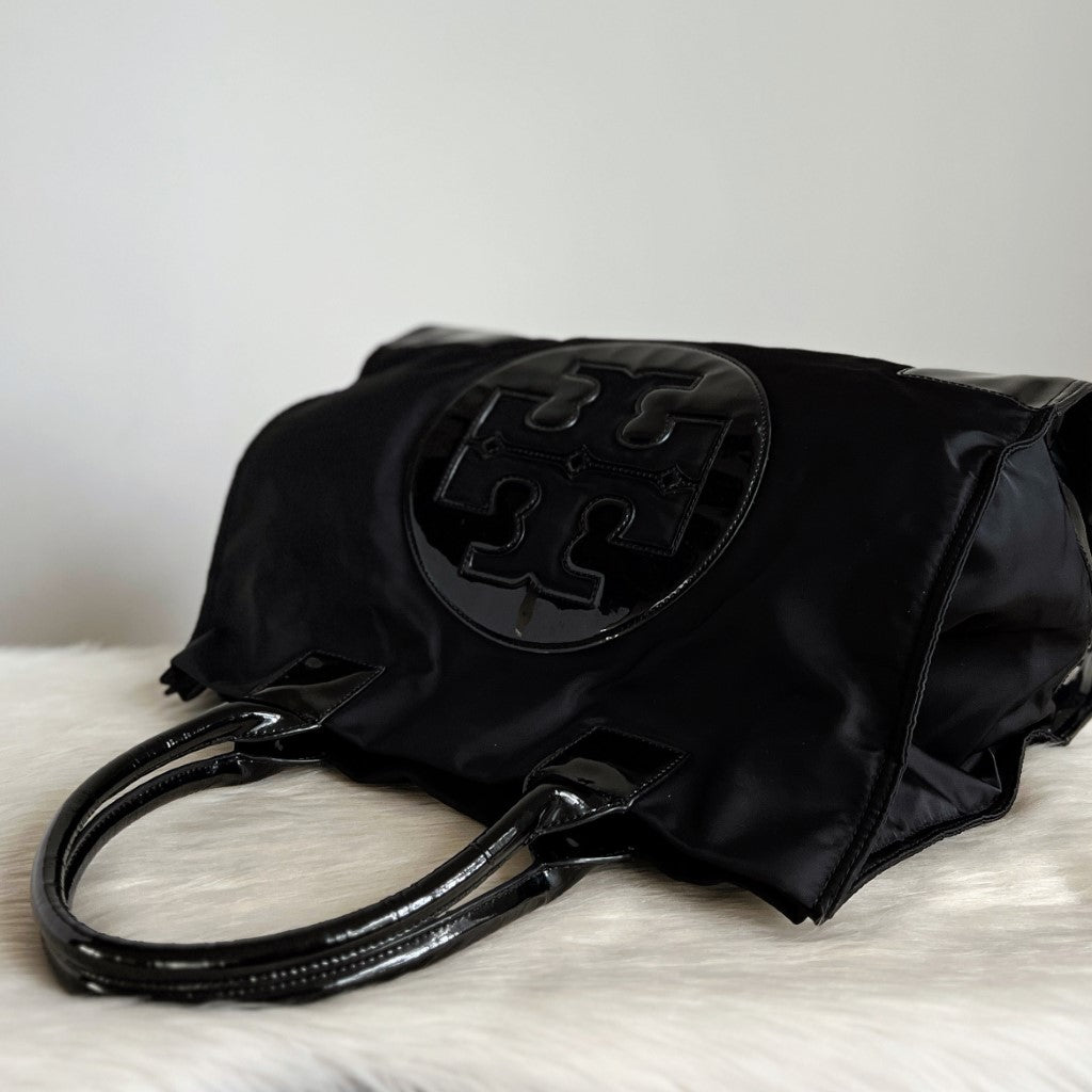 Tory Burch Black Leather Nylon Patchwork Ella Large Shoulder Bag