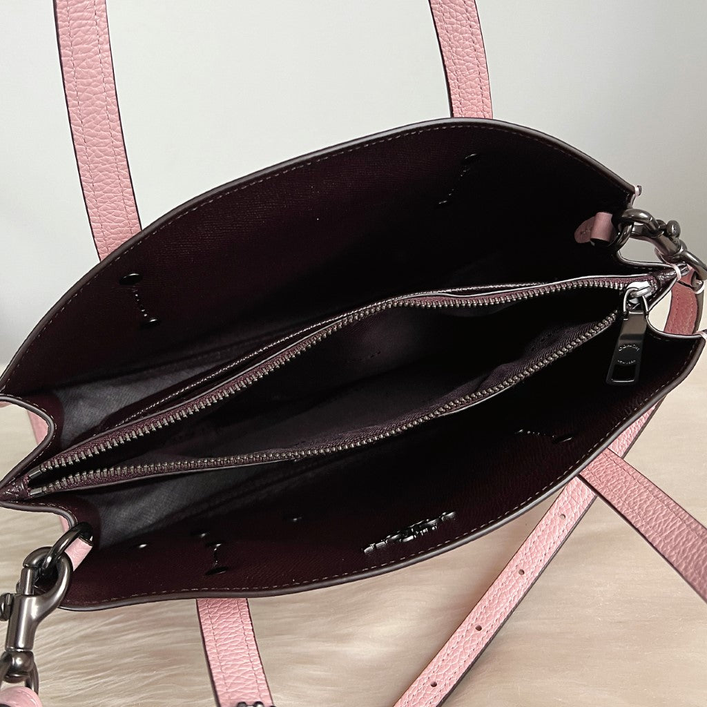 Coach Pink Leather Floral Detail Triple Compartment 2 Way Shoulder Bag Like New