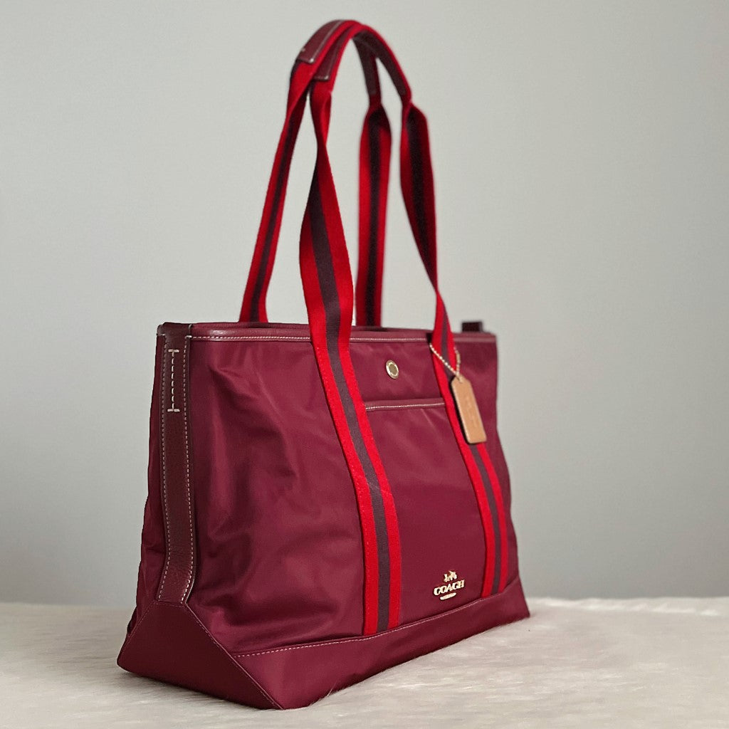 Coach Maroon Front Logo Stripe Strap Carryall Shoulder Bag Like New