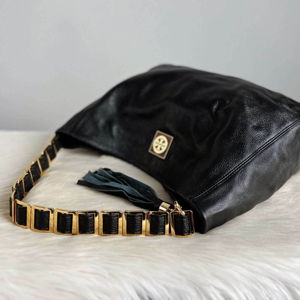 Tory Burch Black Leather Tassel Charm Slouchy Chain Shoulder Bag Like New