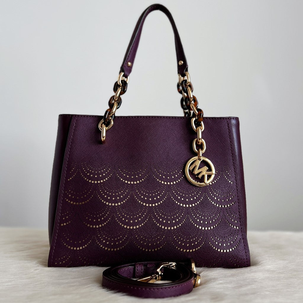 Michael Kors Purple Leather Cut Out Detail Triple Compartment 2 Way Shoulder Bag