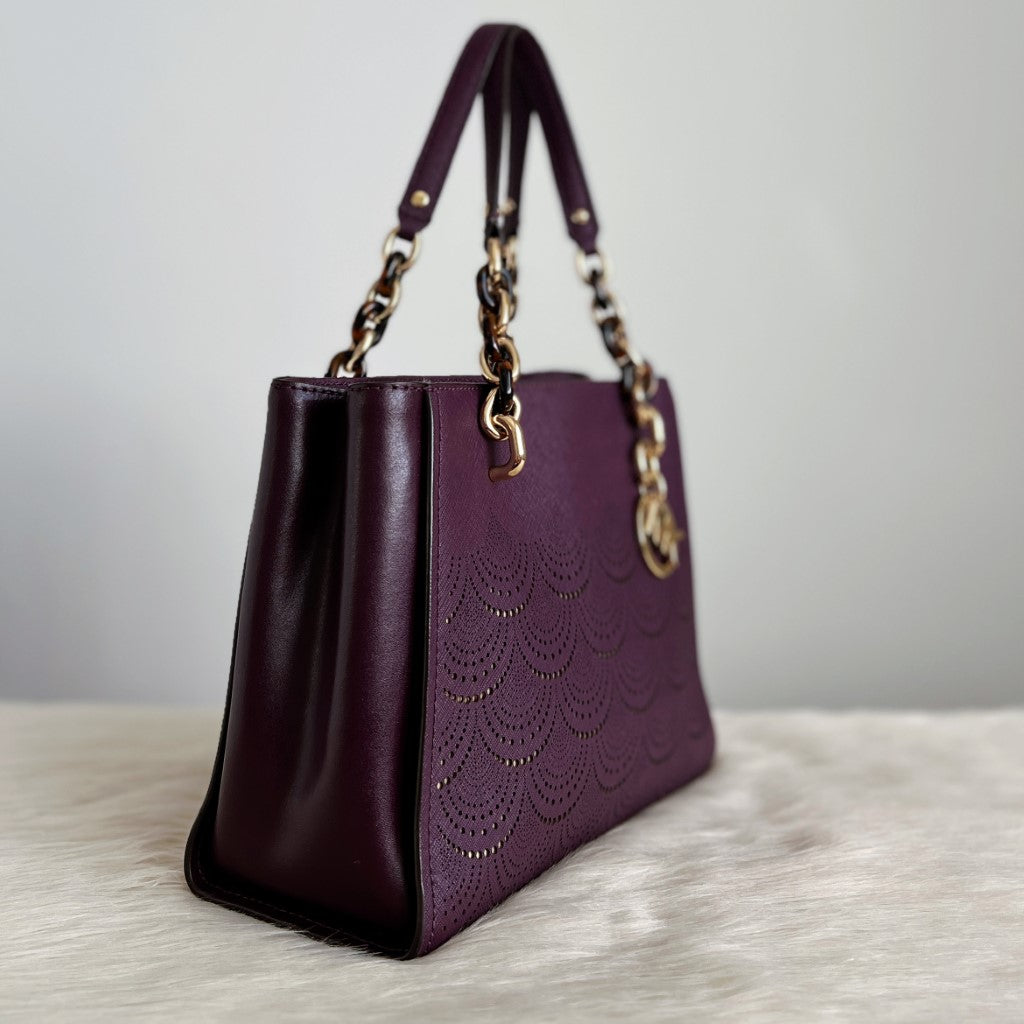 Michael Kors Purple Leather Cut Out Detail Triple Compartment 2 Way Shoulder Bag