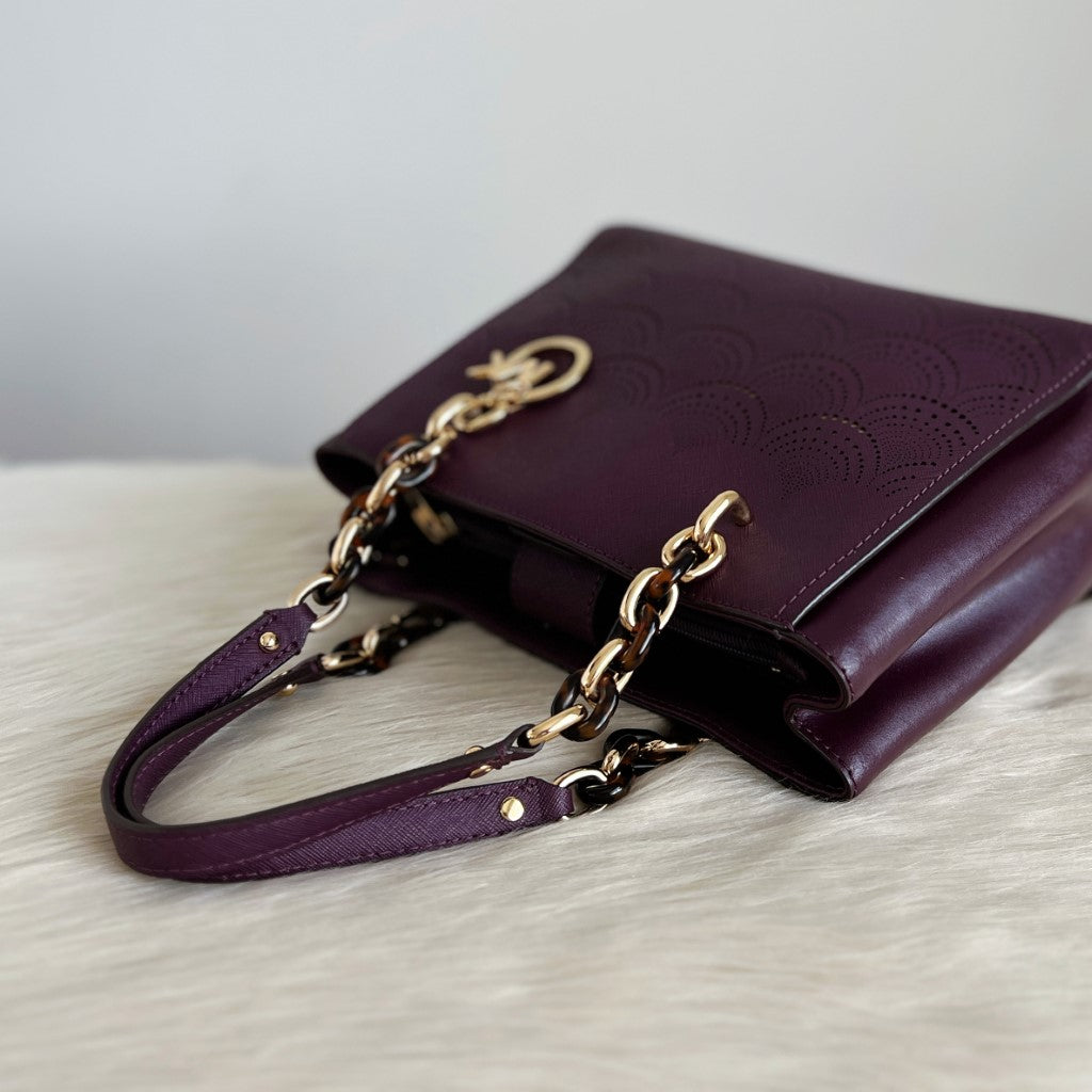 Michael Kors Purple Leather Cut Out Detail Triple Compartment 2 Way Shoulder Bag