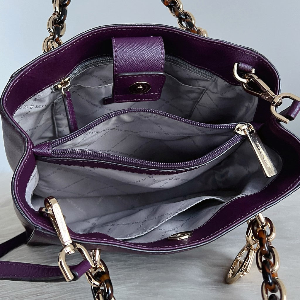 Michael Kors Purple Leather Cut Out Detail Triple Compartment 2 Way Shoulder Bag