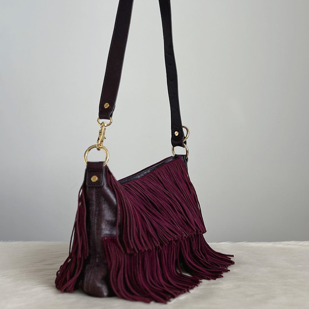 Tory Burch Plum Leather Suede Fringe Detail Shoulder Bag Excellent