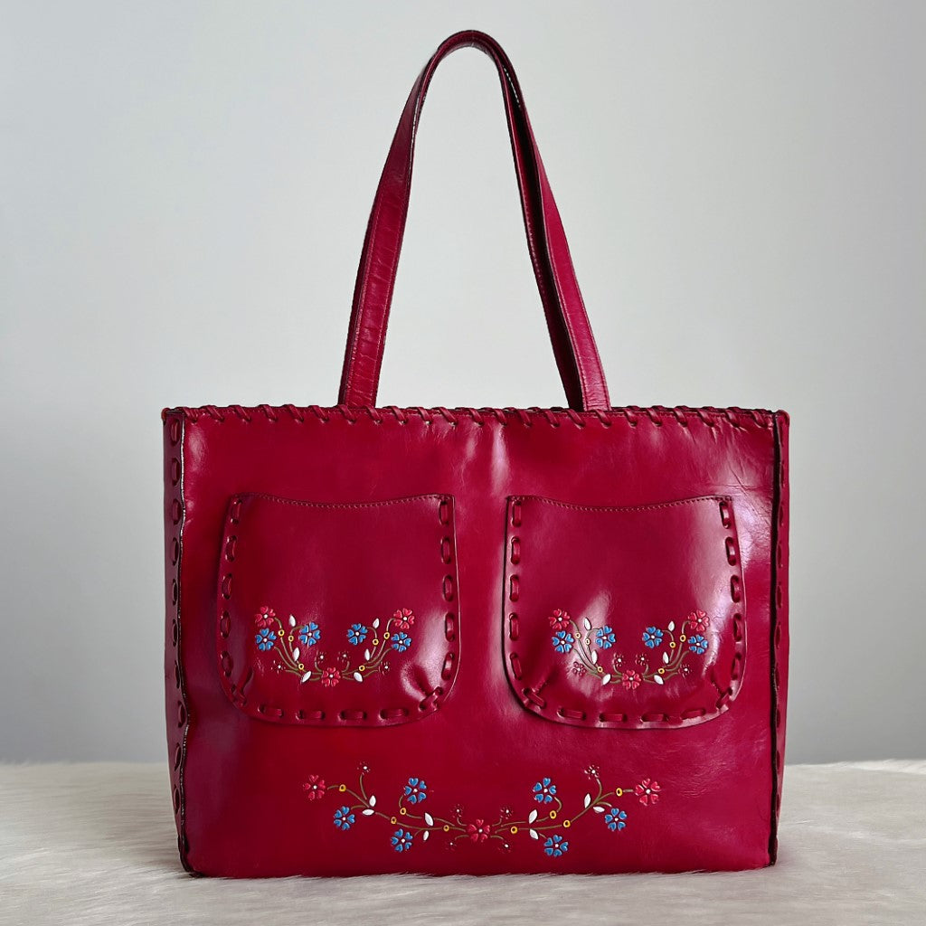 Anna Sui Red Leather Butterfly Detail Carryall Shoulder Bag