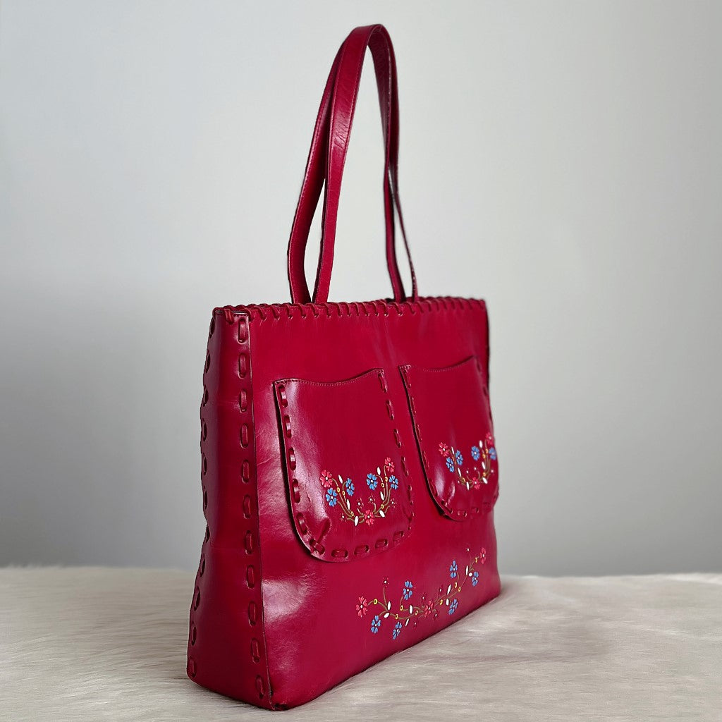 Anna Sui Red Leather Butterfly Detail Carryall Shoulder Bag