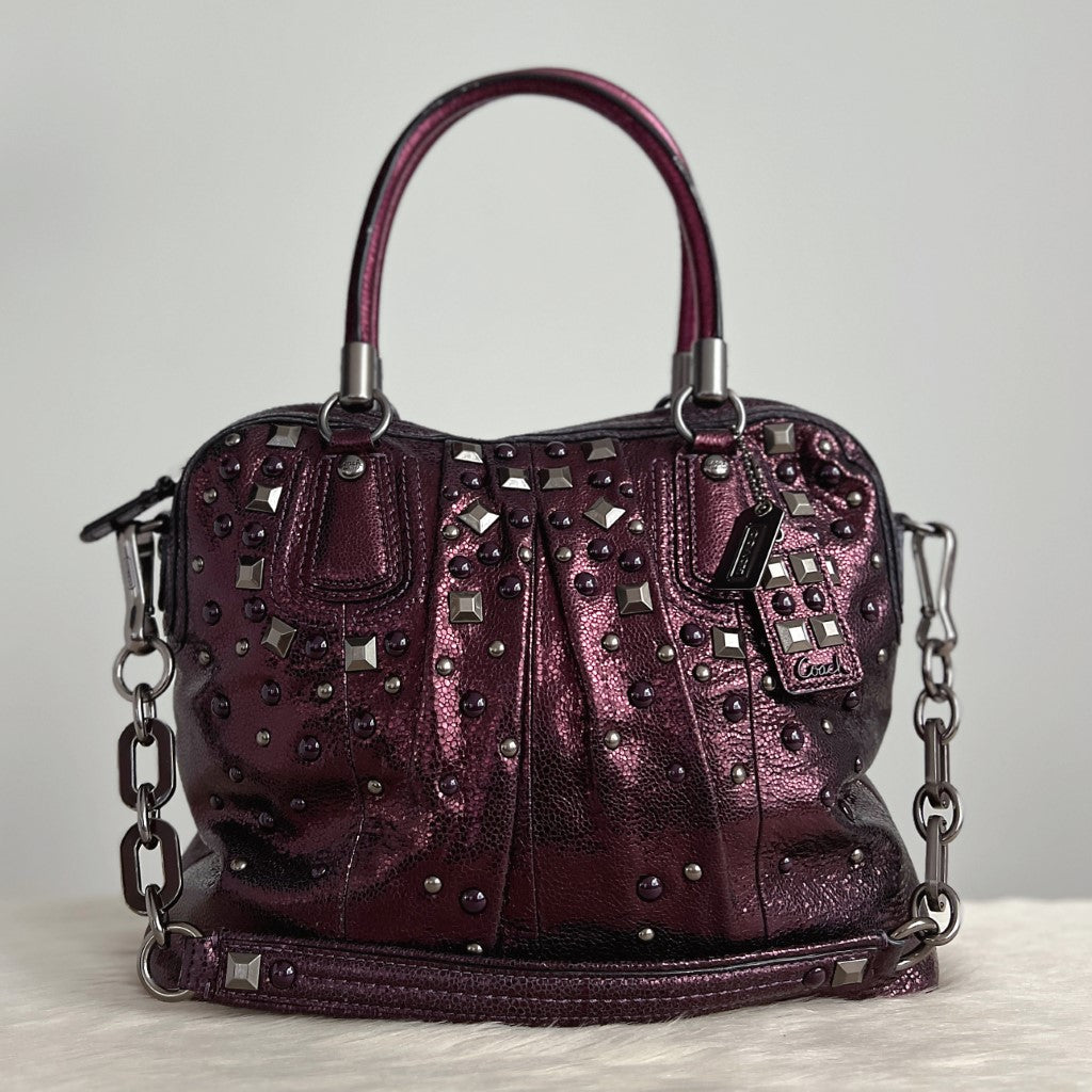 Coach Metallic Purple Leather Rock Studs Detail 2 Way Shoulder Bag