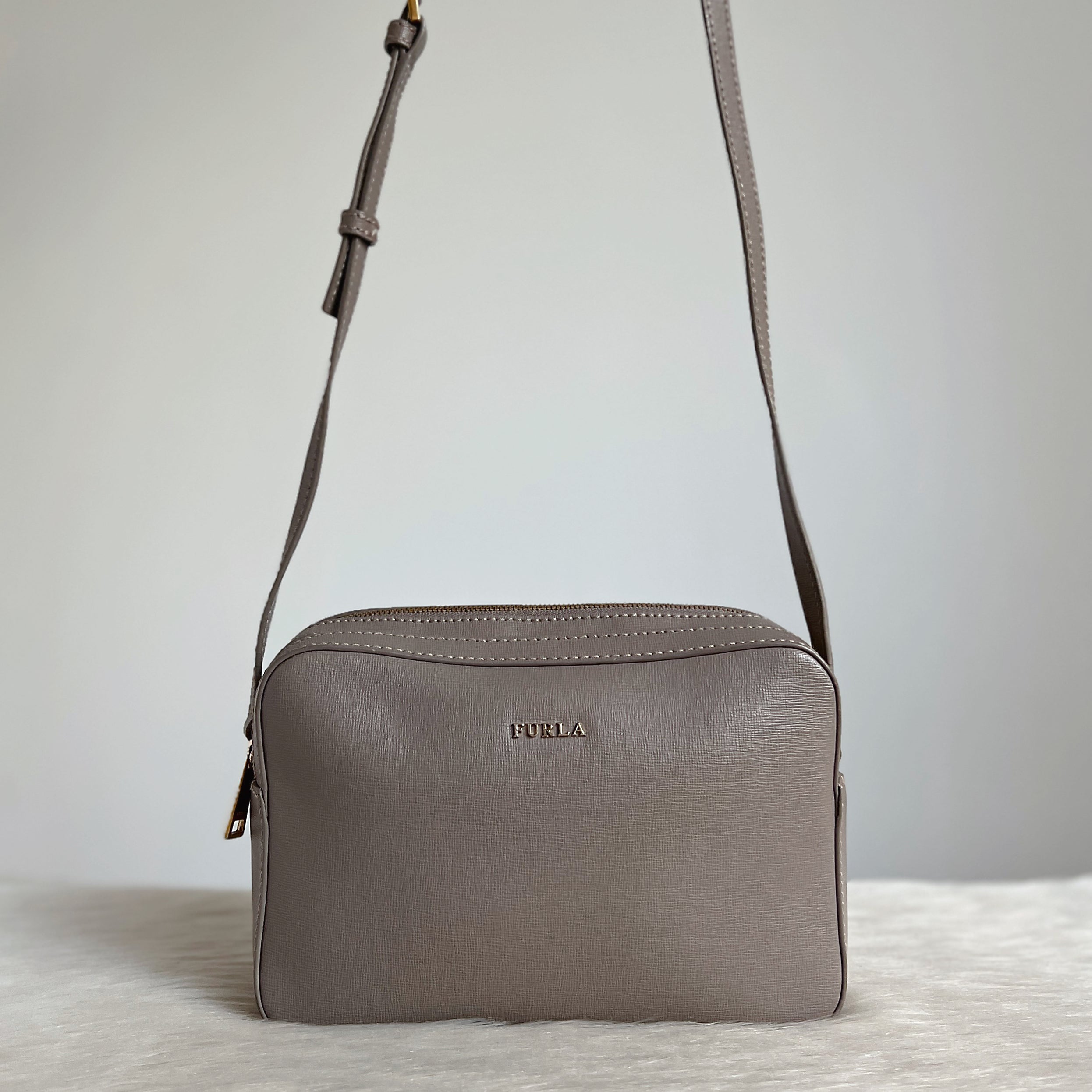 Furla Taupe Leather Double Compartment Crossbody Shoulder Bag