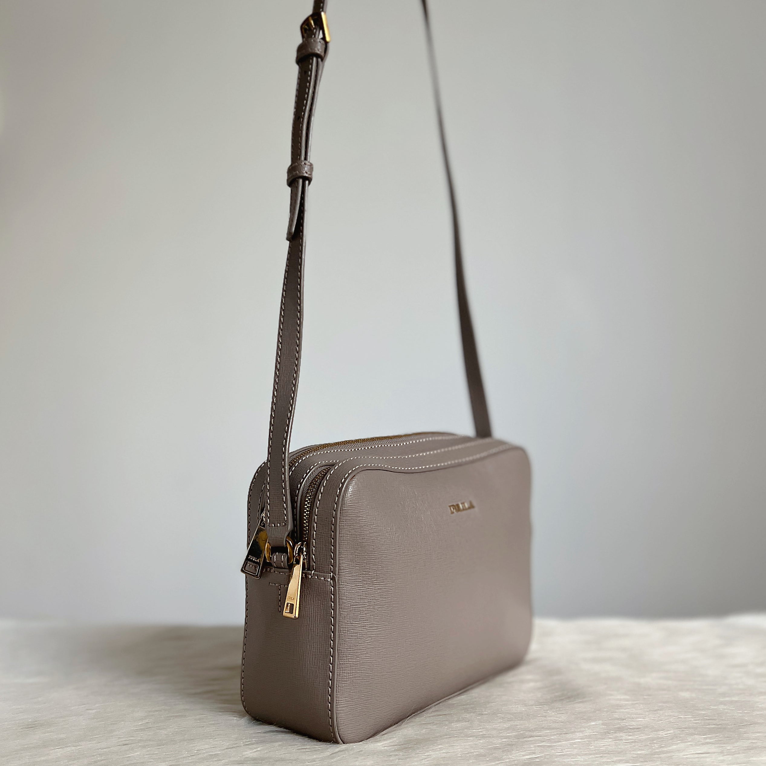 Furla Taupe Leather Double Compartment Crossbody Shoulder Bag