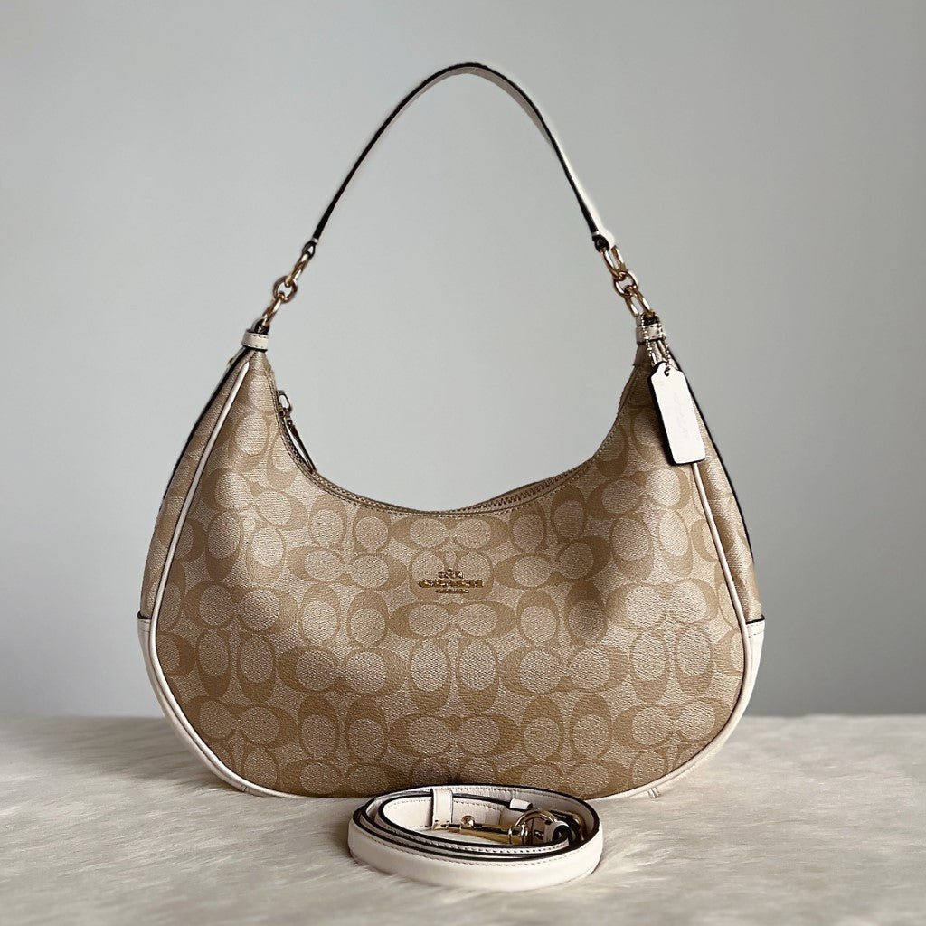 Coach Creamy Leather Monogram Half Moon 2 Way Shoulder Bag