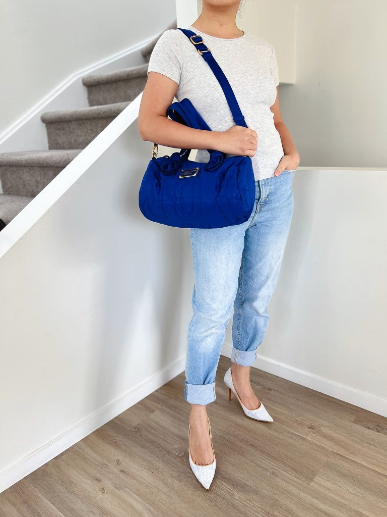 Marc Jacobs Blue Quilted Front Logo Boston 2 Way Shoulder Bag Excellent