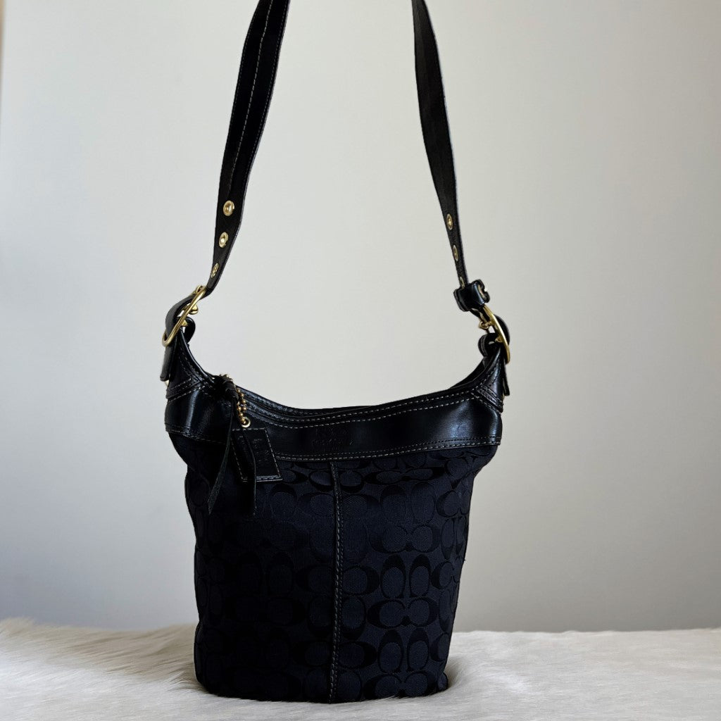 Coach Black Leather Monogram Bucket Crossbody Shoulder Bag